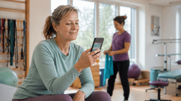 Patientin nutzt während der Reha ein Smartphone; im Hintergrund bereitet Therapeutin Übungen vor.