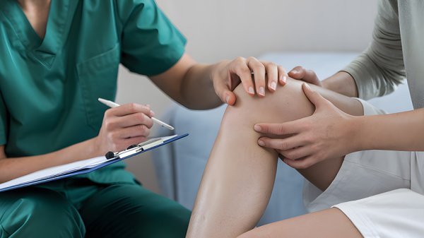 Fachkraft untersucht ein Kniegelenk zur Nachsorge und Rehabilitation nach Gelenkersatz.