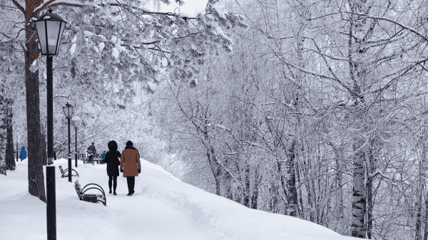 Zwei Personen gehen auf einem verschneiten Weg spazieren. Symbolbild für Ruhe und Erholung während der Reha im Winter.