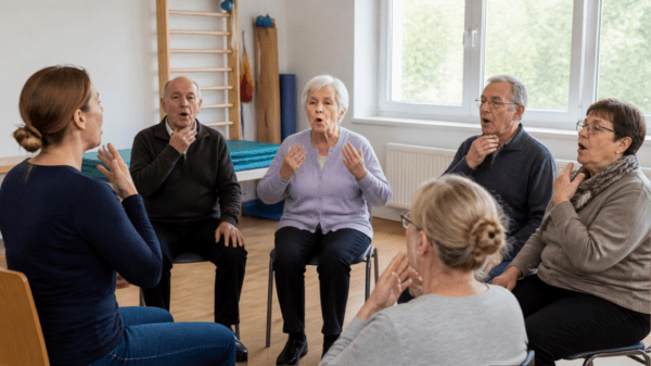 Ältere Menschen sitzen in einer Gruppe und führen Übungen für Stimme und Ausdruck durch