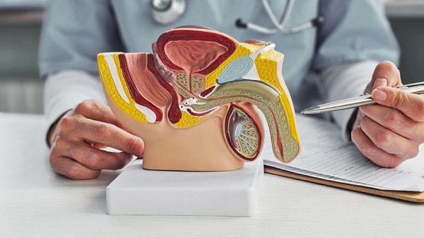 Anatomisches Modell veranschaulicht eine Prostataoperation und deren medizinische Behandlung.