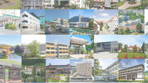 Gekachelte, farbige Grafik mit Bildern von Mitgliedskliniken des REHAPORTALS