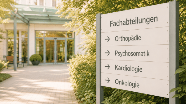 Wegweiser am Klinikeingang: Fachabteilungen Orthopädie, Psychosomatik, Kardiologie und Onkologie.