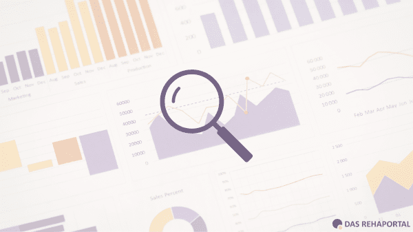 Lupe über Diagrammen und Auswertungen, Symbolbild für Analysen und Reports bei DAS REHAPORTAL.