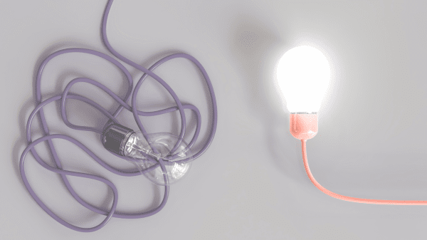 Verknotetes Kabel führt zu einer leuchtenden Glühbirne. Symbol für vereinfachten Zugang zur Reha.