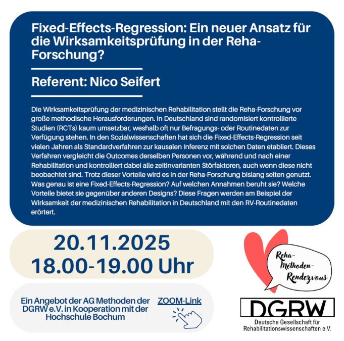 Flyer zum Reha-Methoden-Rendezvous am 20.11.2025 mit Nico Seifert zur Fixed-Effects-Regression in der Reha-Forschung, DGRW