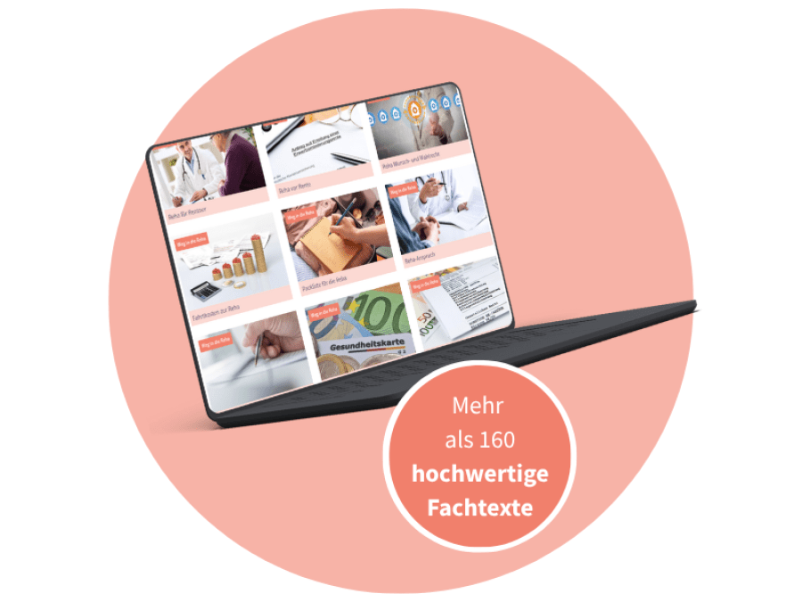 Laptop zeigt die Rategeberseite auf dem REHAPORTAL mit zusätzlichen Hinweis, dass hier mehr als 160 hochwertige Fachtexte abgebildet sind.