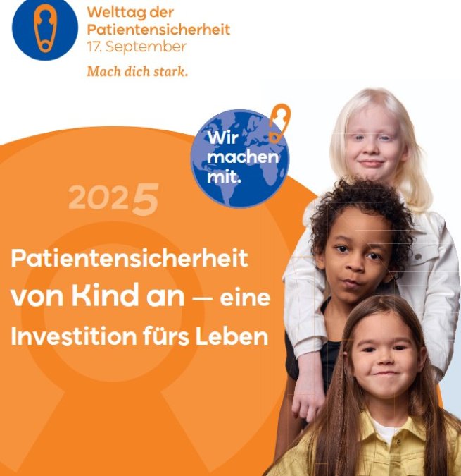 Orange-weißer Hintergrund, blaue Weltkugel mit Sicherheitsnadel und freigestellte Kinder, die hintereinander stehen.