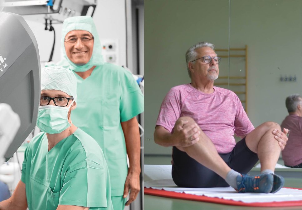 Mann bei der Physiotherapie und zwei Personen im OP-Saal.