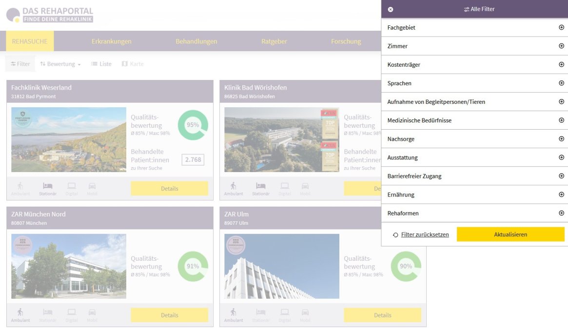 Filter im REHAPORTAL zur Suche nach Rehakliniken, inklusive Sprachen, Leistungen und Ausstattung