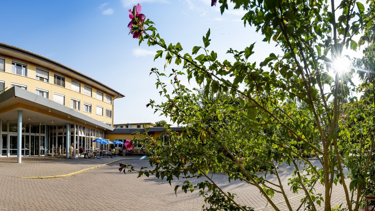 Modernes Klinikgebäude des Reha-Zentrums Plau am See mit Vorfahrt und Begrünung bei Sonne