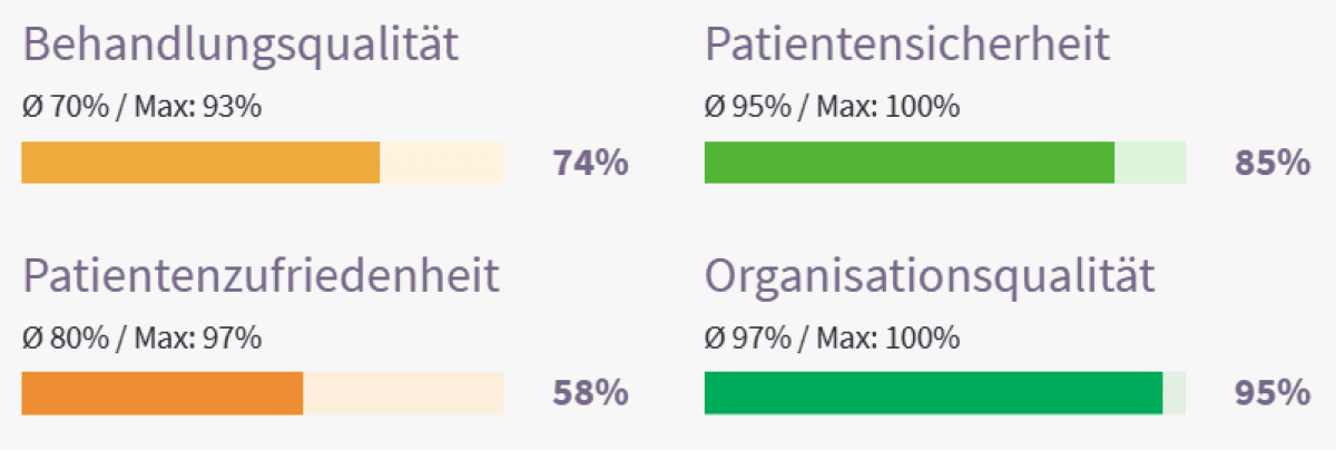Darstellung einer beispielhaften Qualitätsbewertung der 4 Dimensionen: Behandlungsqualität, Patientensicherheit, Patientenzufriedenheit und Organisationsqualität
